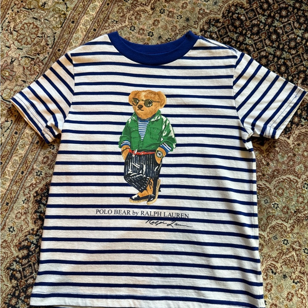 Polo by Ralph Lauren Blue and White Striped Tee with Bear Graphic